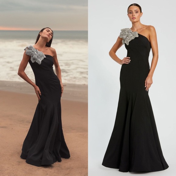 Mac Duggal NEW Black Crepe One Shoulder Trumpet Gown With‎ Flower $698 - Size 4 - Picture 1 of 16